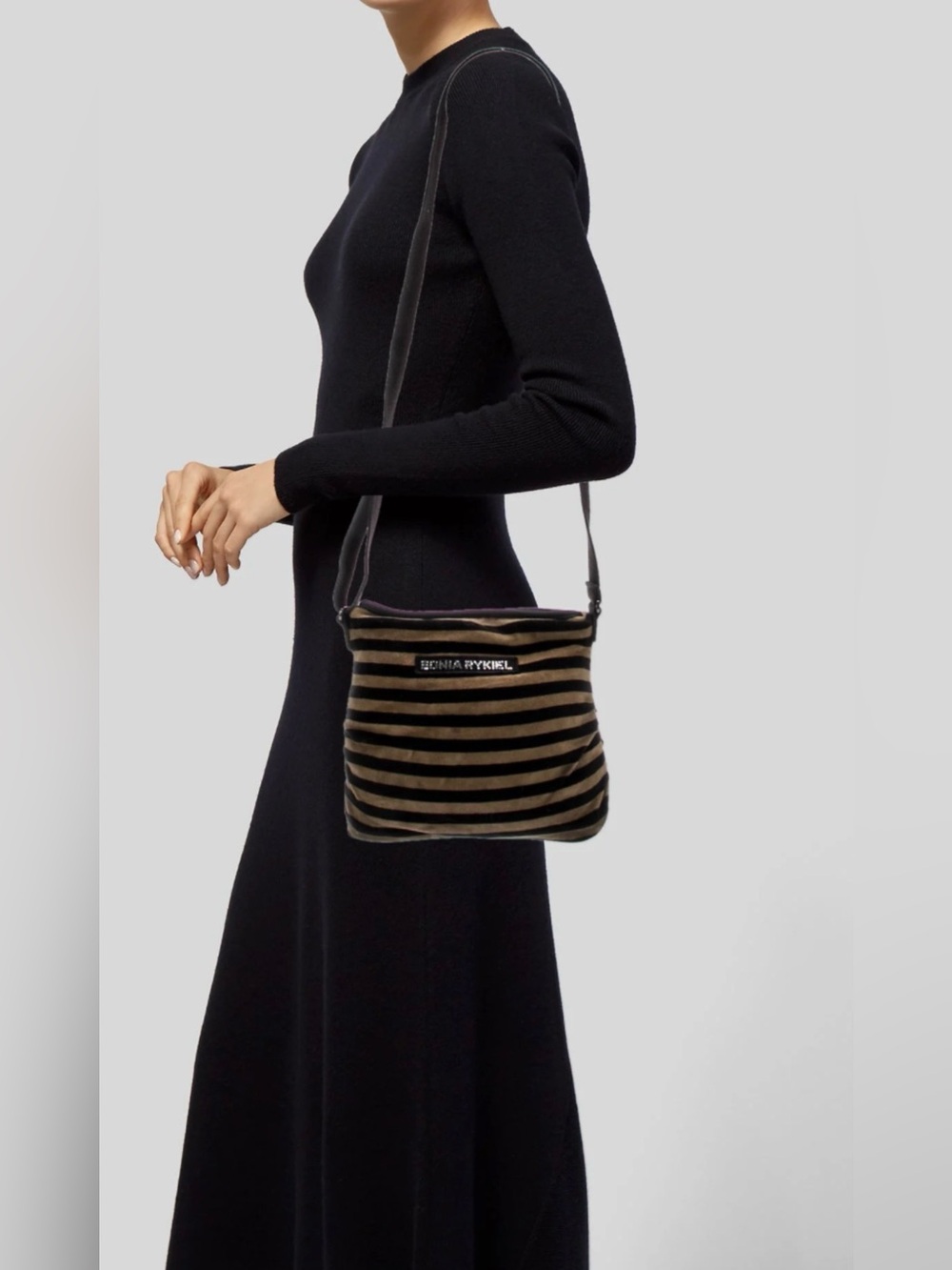 Sonia Rykiel Velvet Black and Brown Striped Shoulder Crossbody Bag
